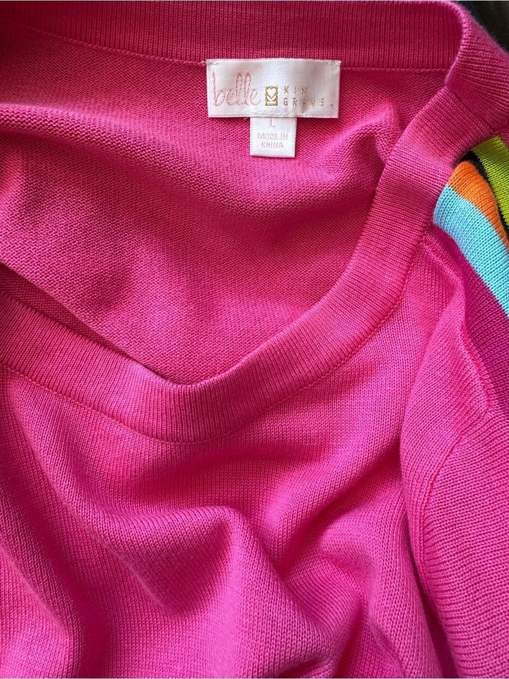 Belle by Kim Gravel Hot Pink Long Sleeve Sweater with Rainbow Sleeve Stripes-L - Picture 10 of 10
